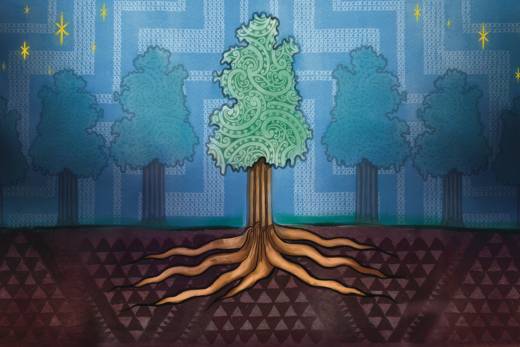 Kahikatea. Artist: Rā Haweti Jennings (Ngāti Awa, Te Whānau-ā-Apanui, Whakatōhea, Ngāi Te Rangi, Te Arawa)